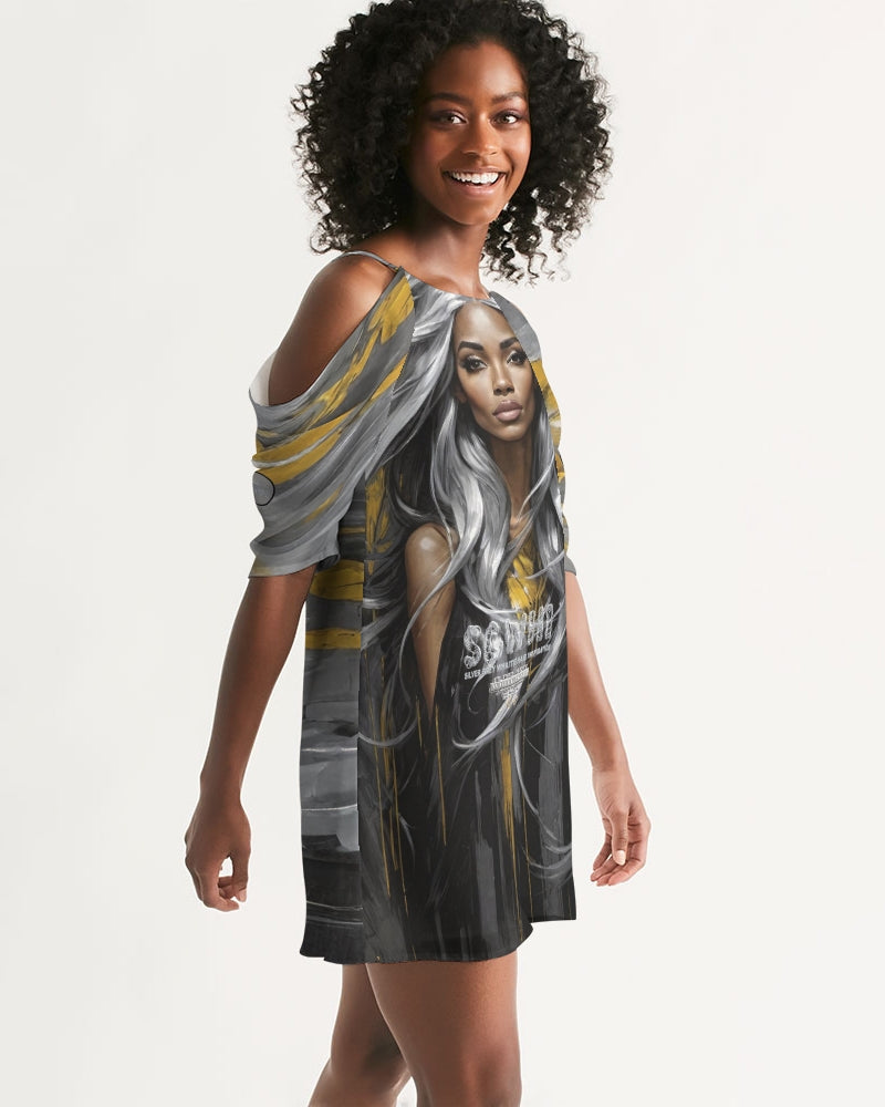 Black Sister Collection [Part 2 ] Women's All-Over Print Open Shoulder A-Line Dress