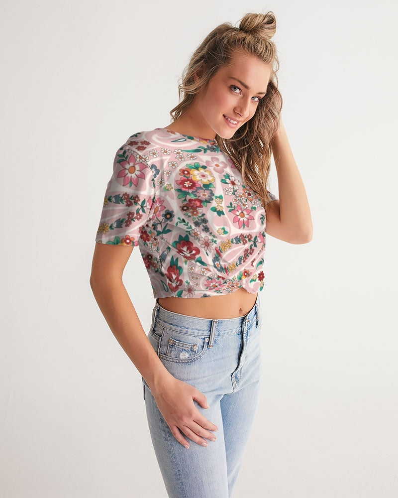 Pink abstract Pretty Sisters Women's All-Over Print Twist-Front Cropped Tee