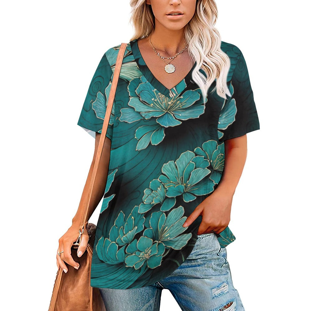 2024 New V Neck Short-sleeve Women Shirt Printed