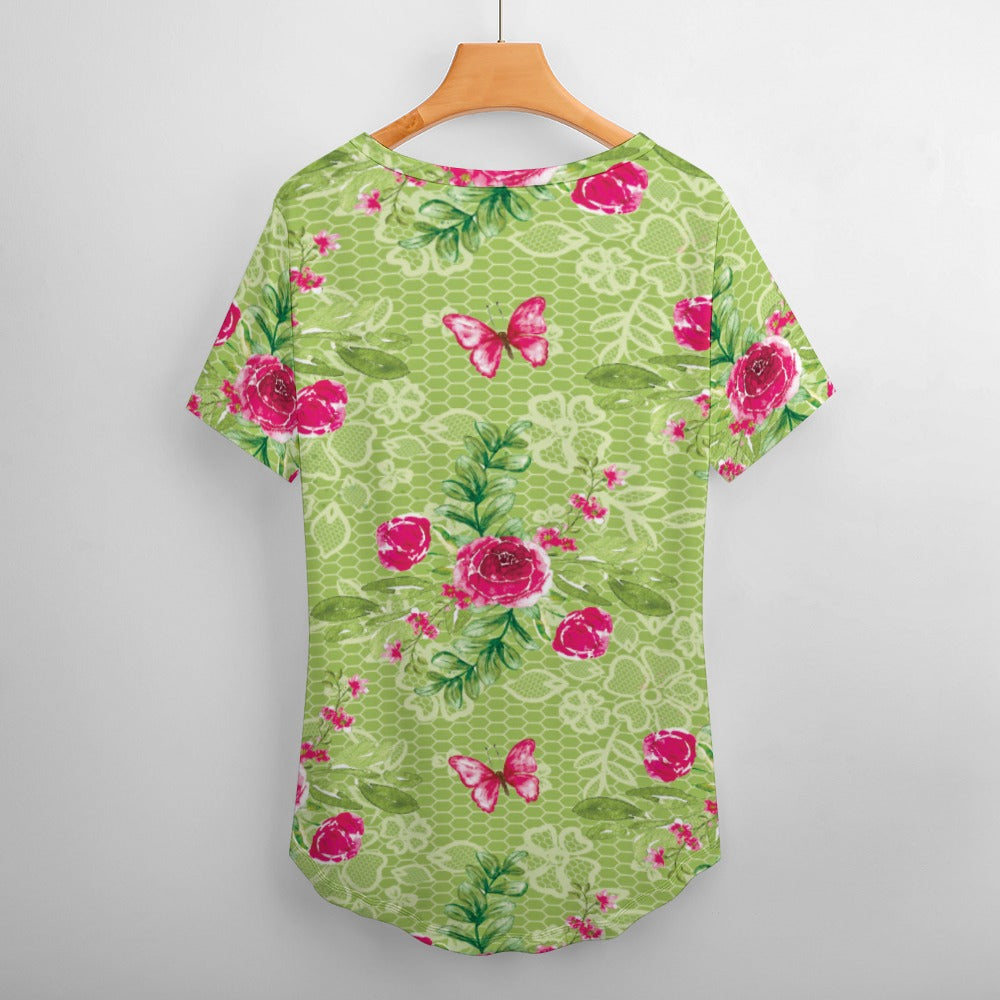 2024 New V Neck Short-sleeve Women Shirt Printed