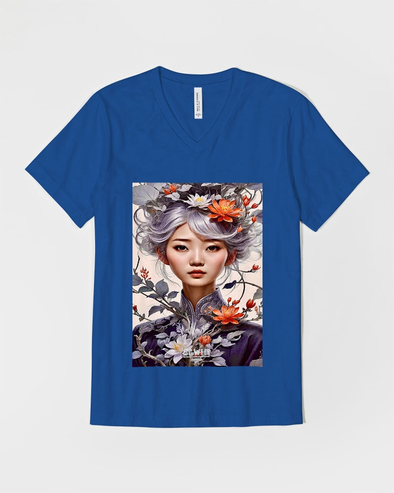 Beautiful Asian woman grey hair blossom Unisex Jersey V-Neck Tee | Bella + Canvas