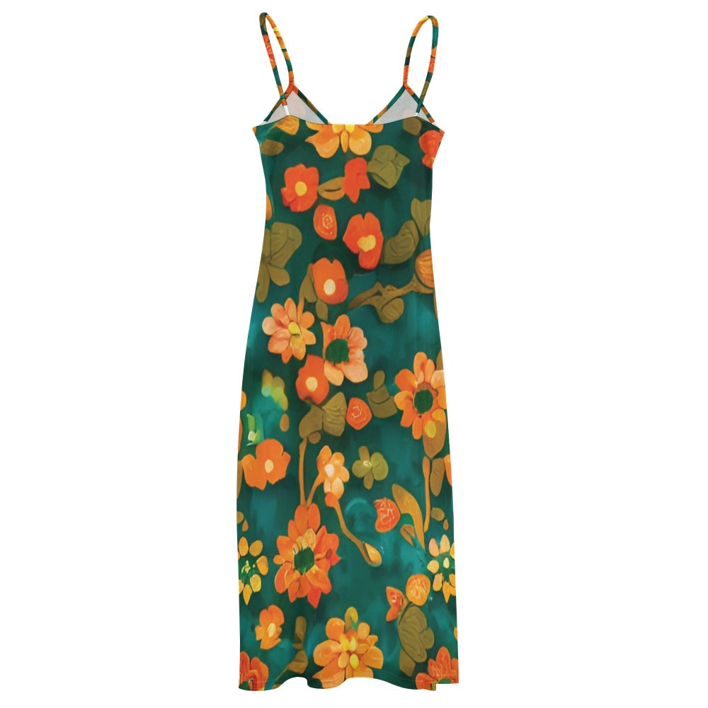 Orange flower and green Sling Ankle Long Dress