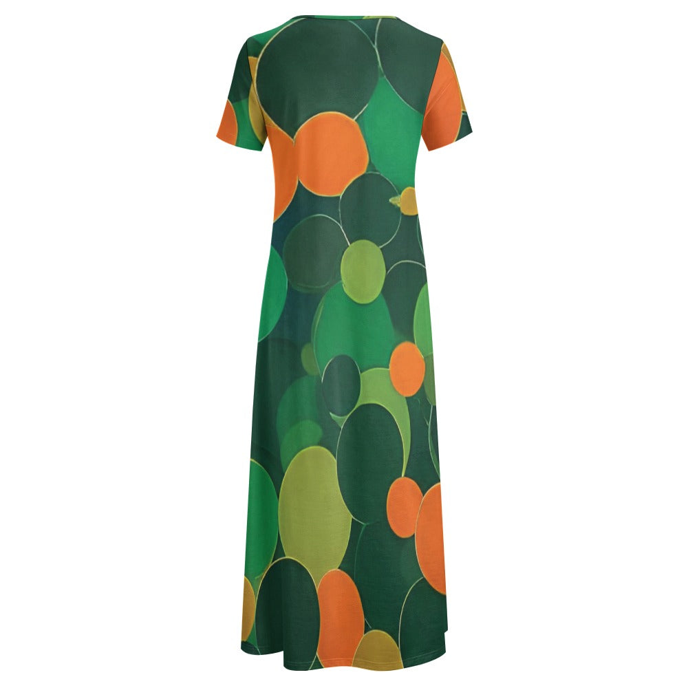 Orange and green ball pattern Neck Short Sleeve Dress (No Pockets)