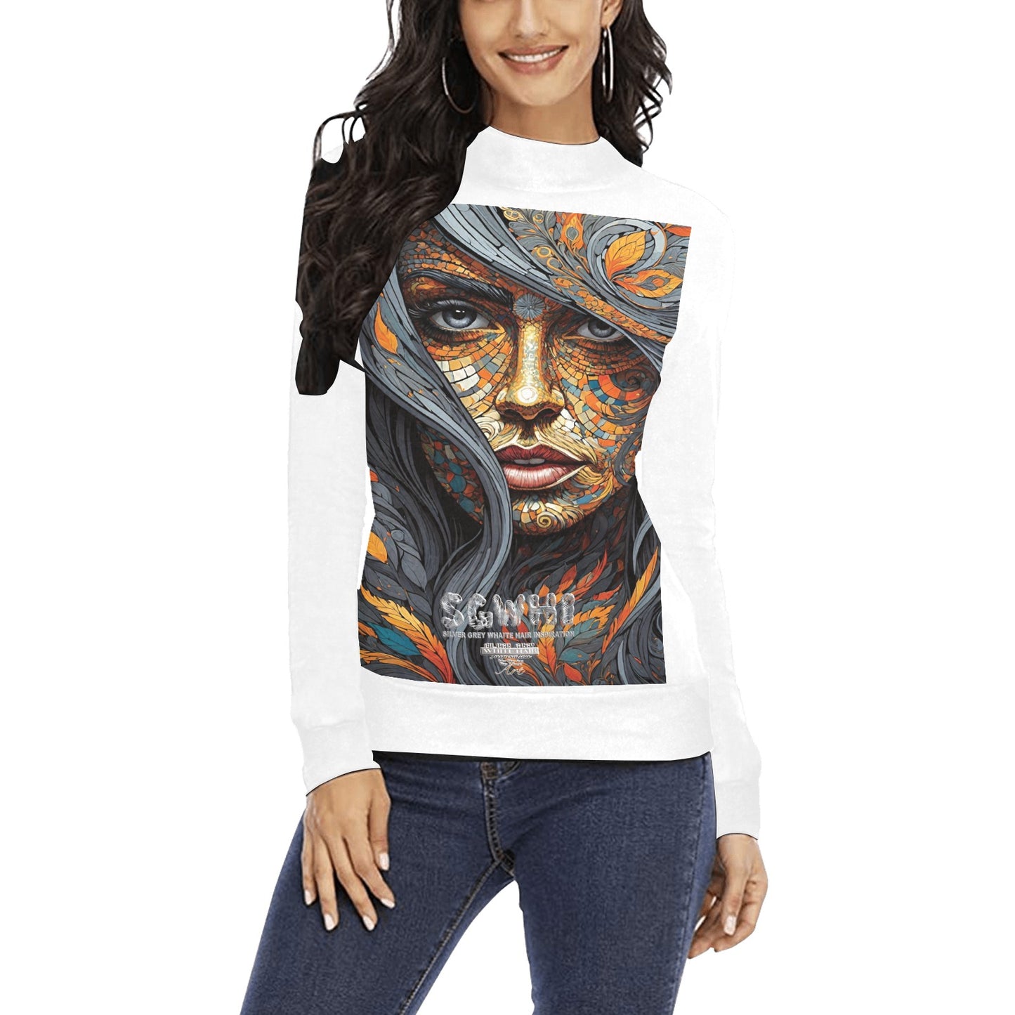 Women's All Over Print Mock Neck Sweater (H43)