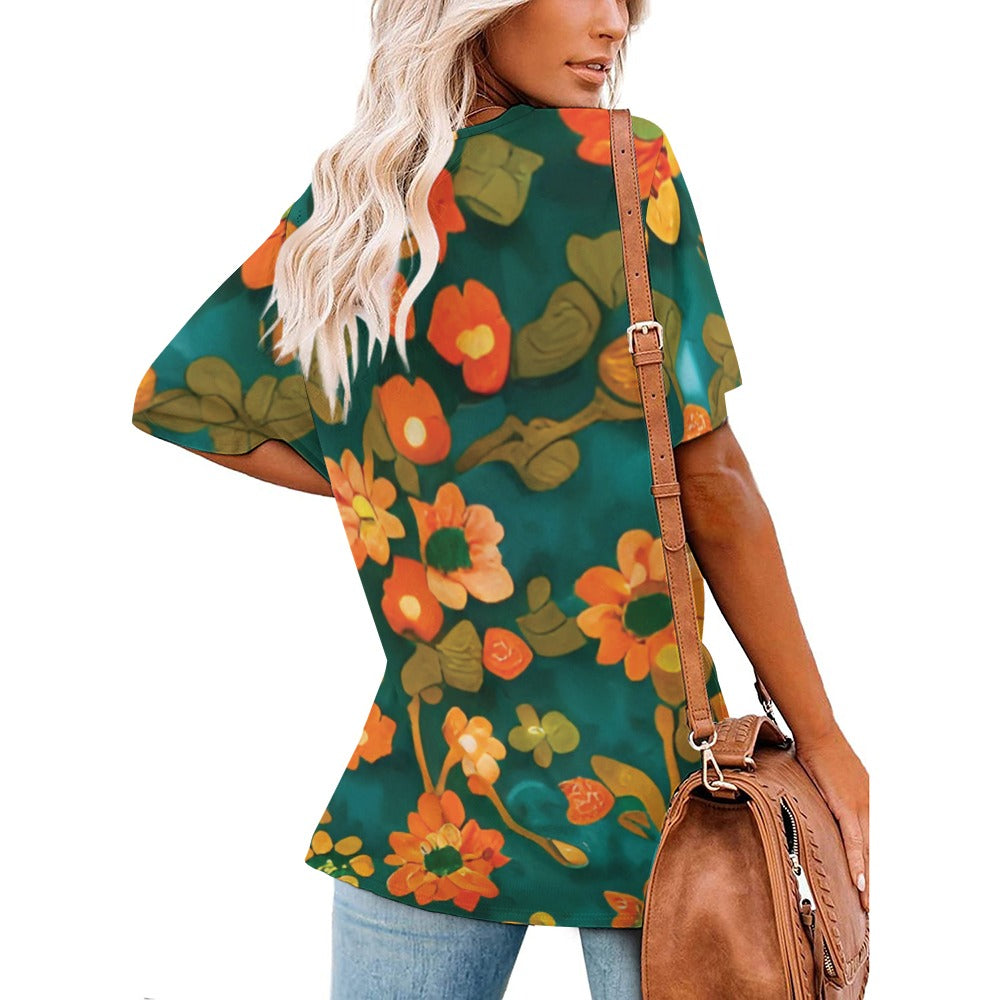 2024 New V Neck Short-sleeve Women Shirt Printed