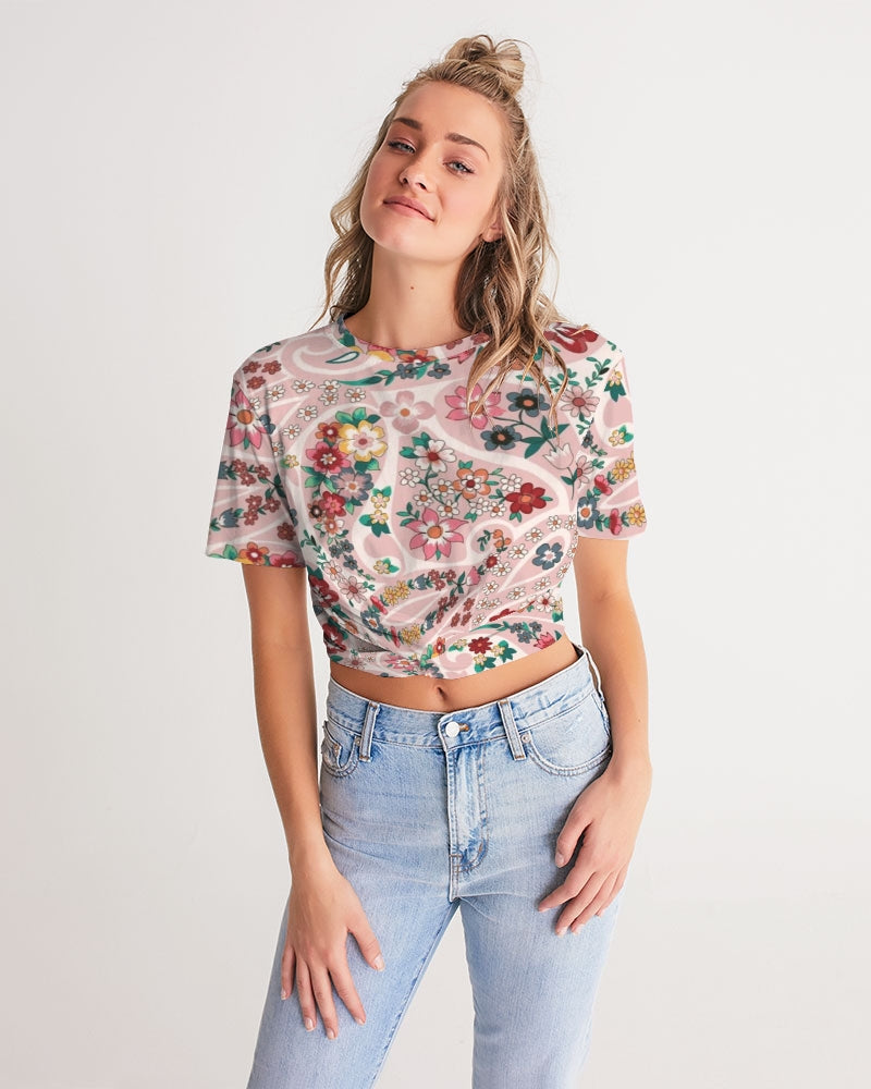 Pink abstract Pretty Sisters Women's All-Over Print Twist-Front Cropped Tee