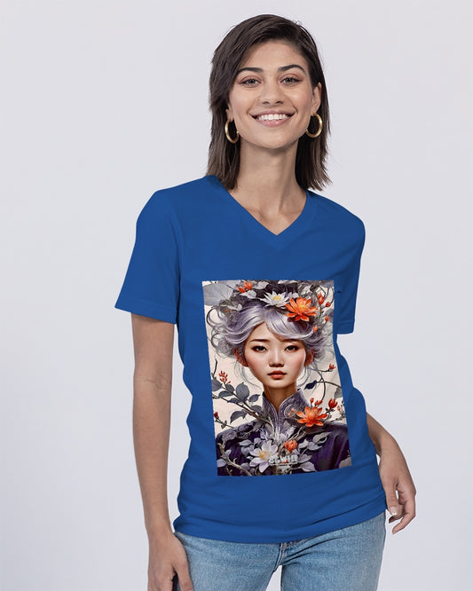 Beautiful Asian woman grey hair blossom Unisex Jersey V-Neck Tee | Bella + Canvas