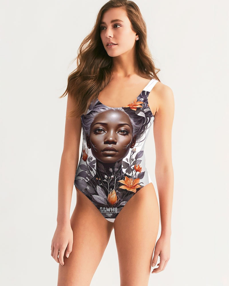 Beautiful black silver grey hair blossom women Women's All-Over Print One-Piece Swimsuit