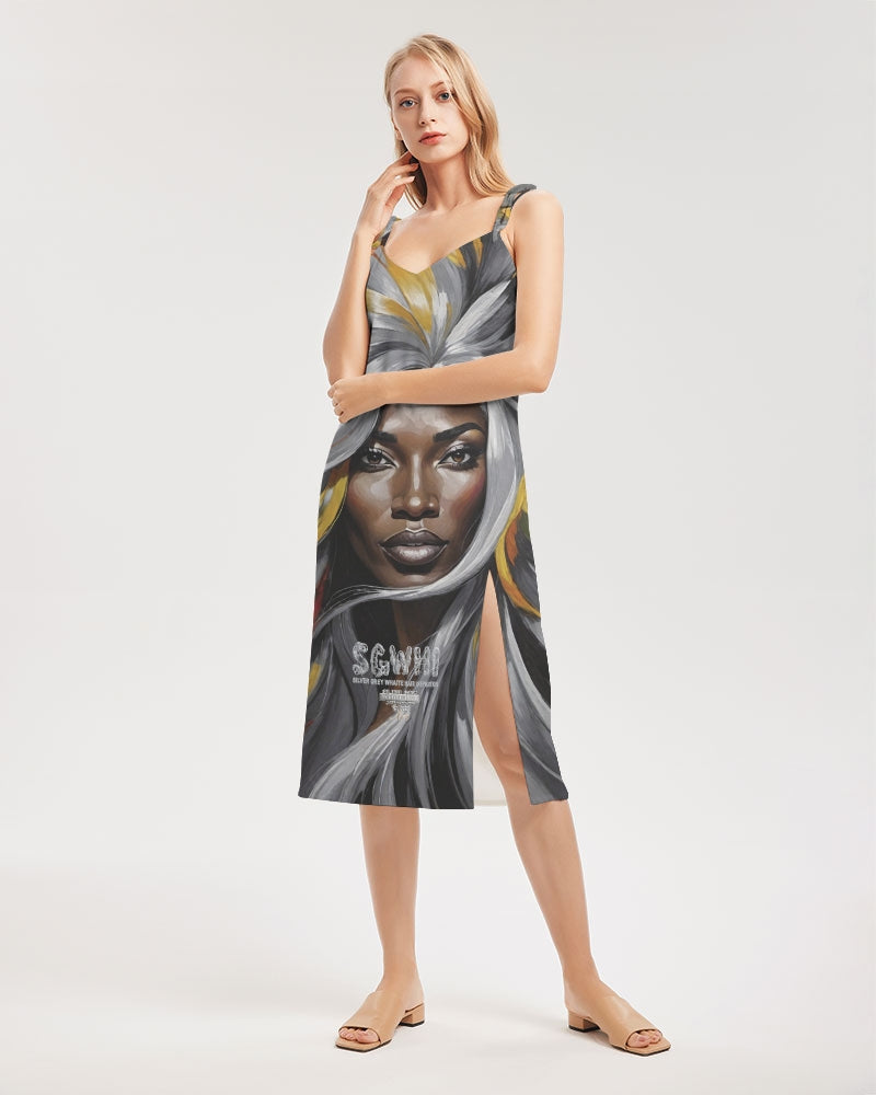 Black Sister Collection [Part 1 ] Women's All-Over Print Tie Strap Split Dress