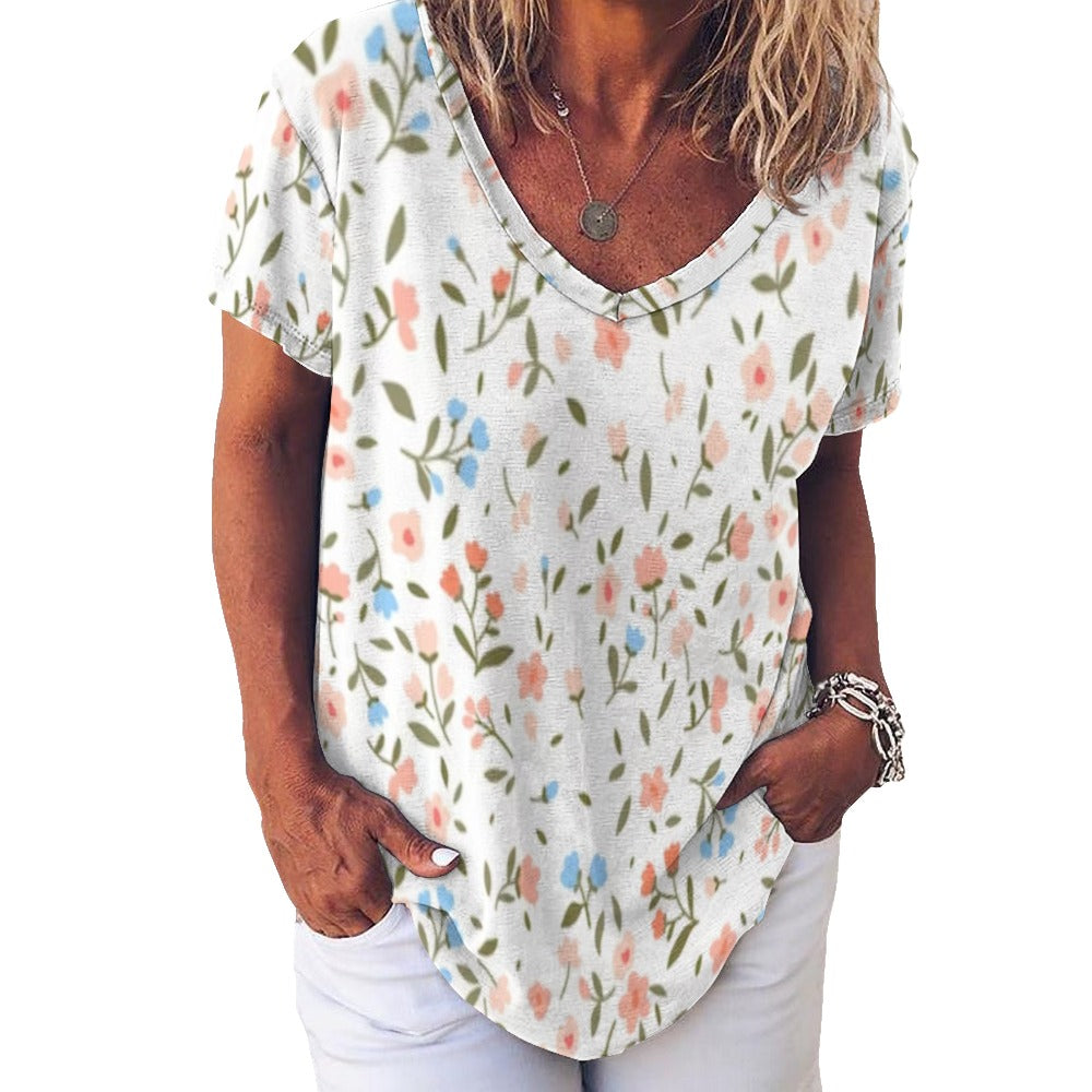 2024 New V Neck Short-sleeve Women Shirt Printed