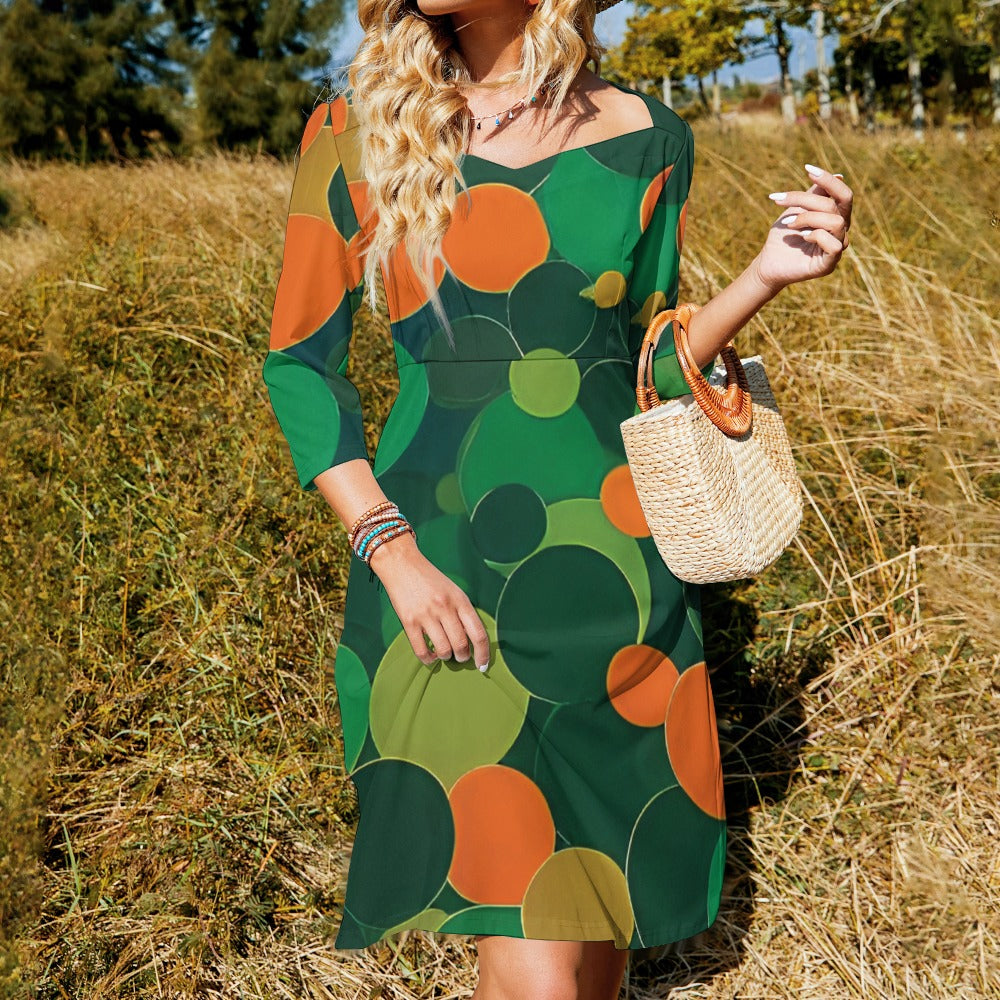 Orange and green ball pattern Knot Flare Dress