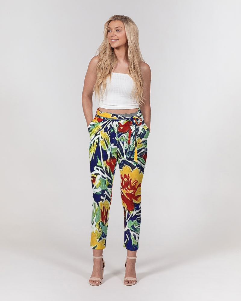 Painted flower design Women's All-Over Print Belted Tapered Pants