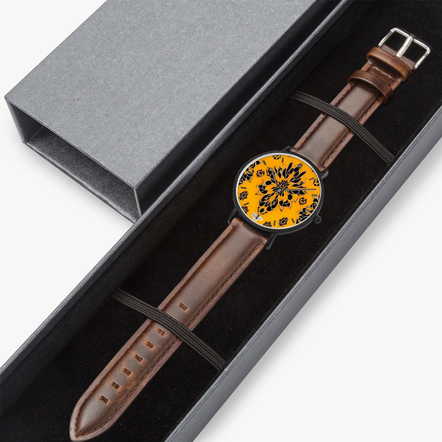 Orange and black royal pattern Hot Selling Ultra-Thin Leather Strap Quartz Watch (Black With Indicators)