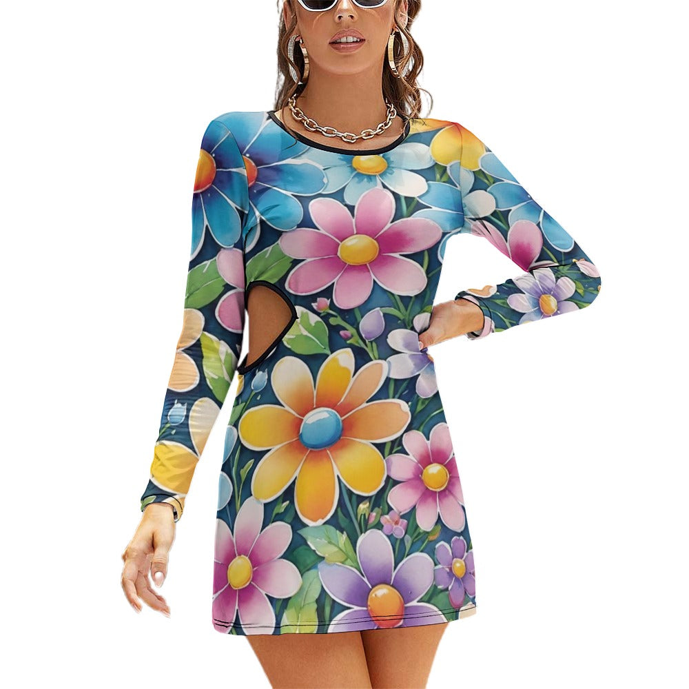 Ladies Long Sleeve Waist Cutout Slim Dress