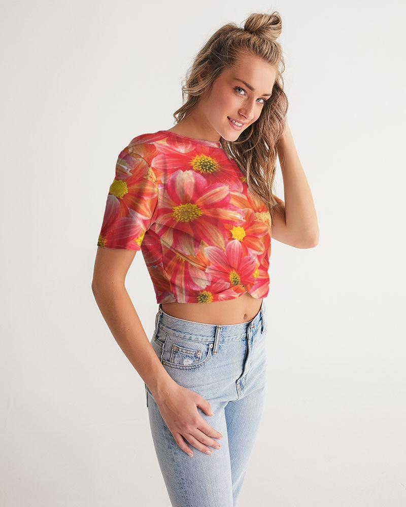 Beautiful blood orange flower design Women's All-Over Print Twist-Front Cropped Tee