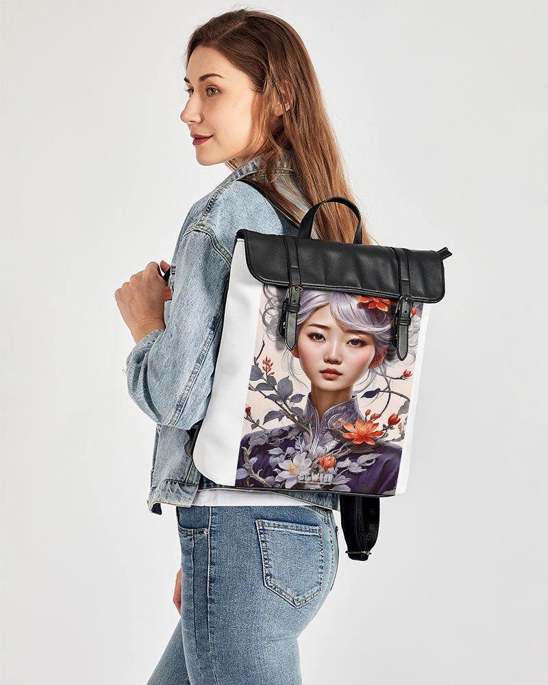 Beautiful Asian woman grey hair blossom Casual Flap Backpack