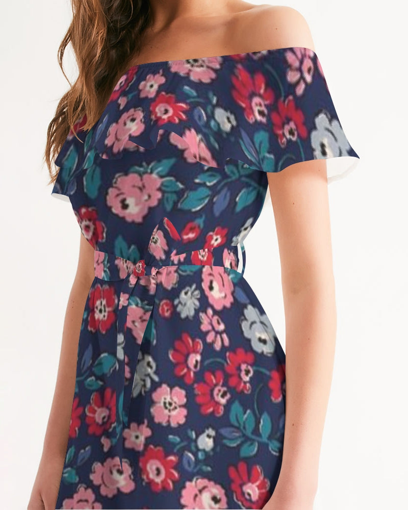 Midnight blue pretty glance.  Women's All-Over Print Off-Shoulder Dress