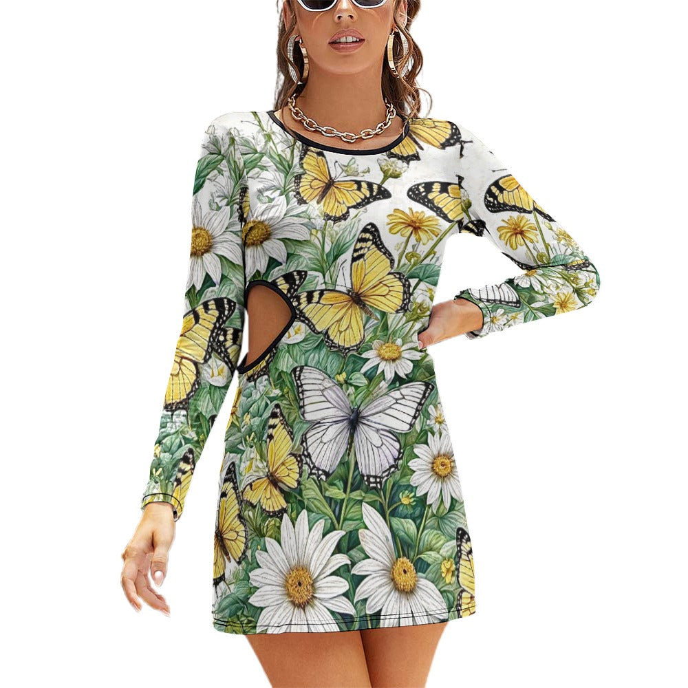 Ladies Long Sleeve Waist Cutout Slim Dress