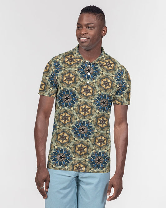 Green & Dark Blue almost star pattern. Men's All-Over Print Slim Fit Short Sleeve Polo