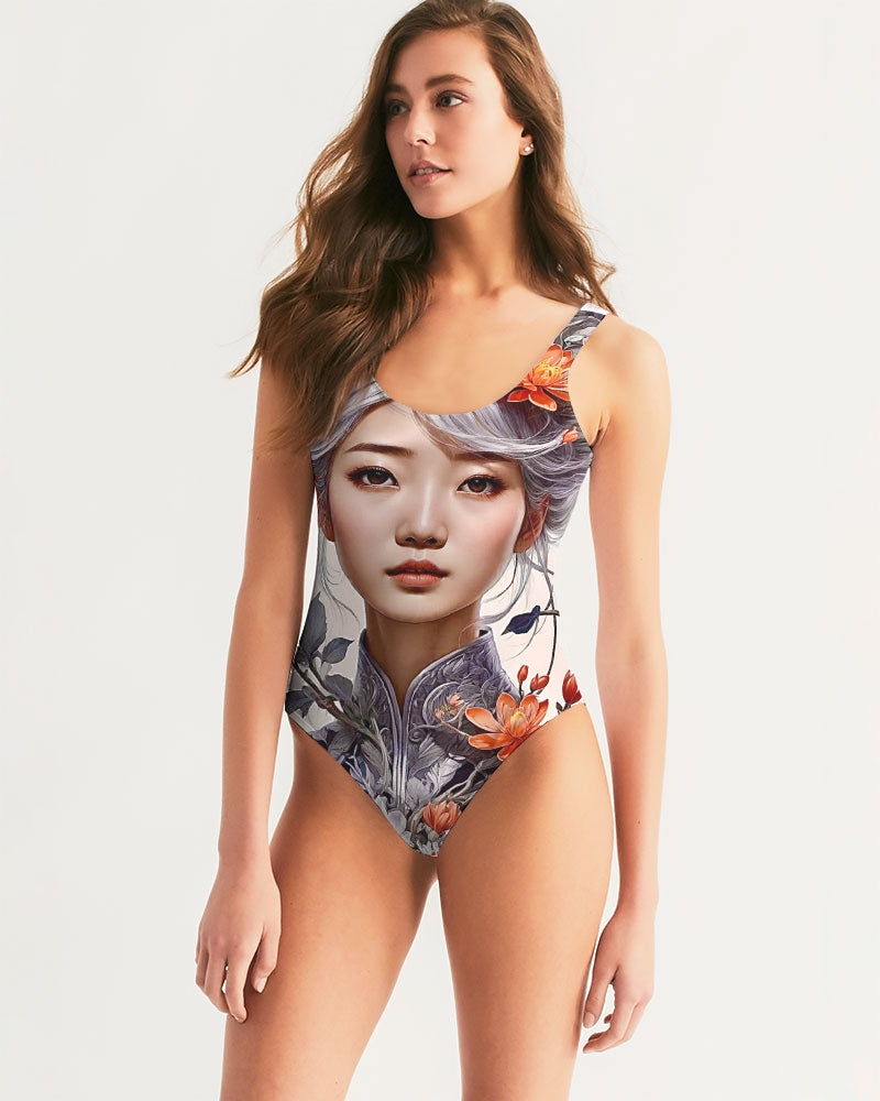 Beautiful Asian woman grey hair blossom Women's All-Over Print One-Piece Swimsuit