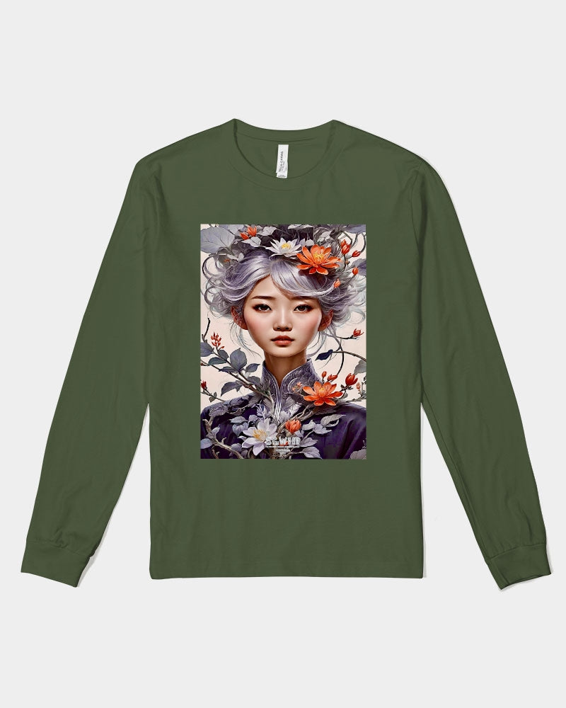 Beautiful Asian woman grey hair blossom Unisex Jersey Long Sleeve Tee | Bella + Canvas