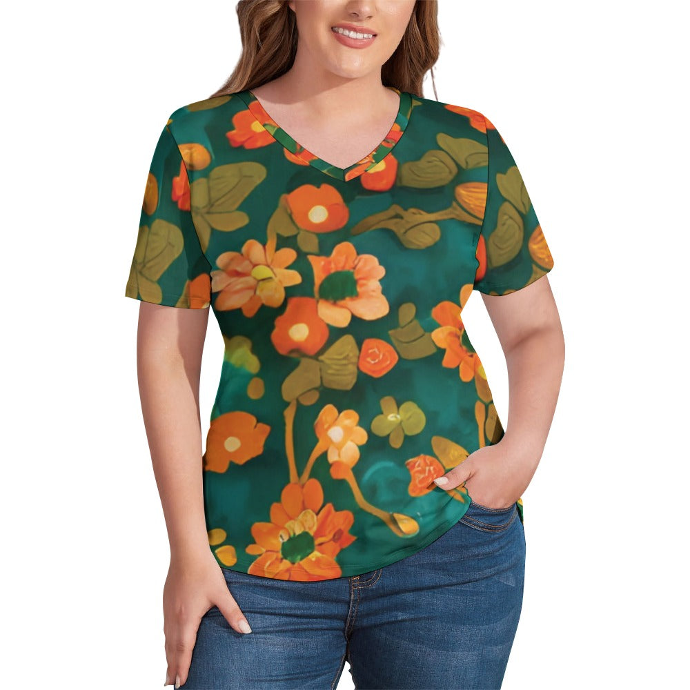 2024 New V Neck Short-sleeve Women Shirt Printed