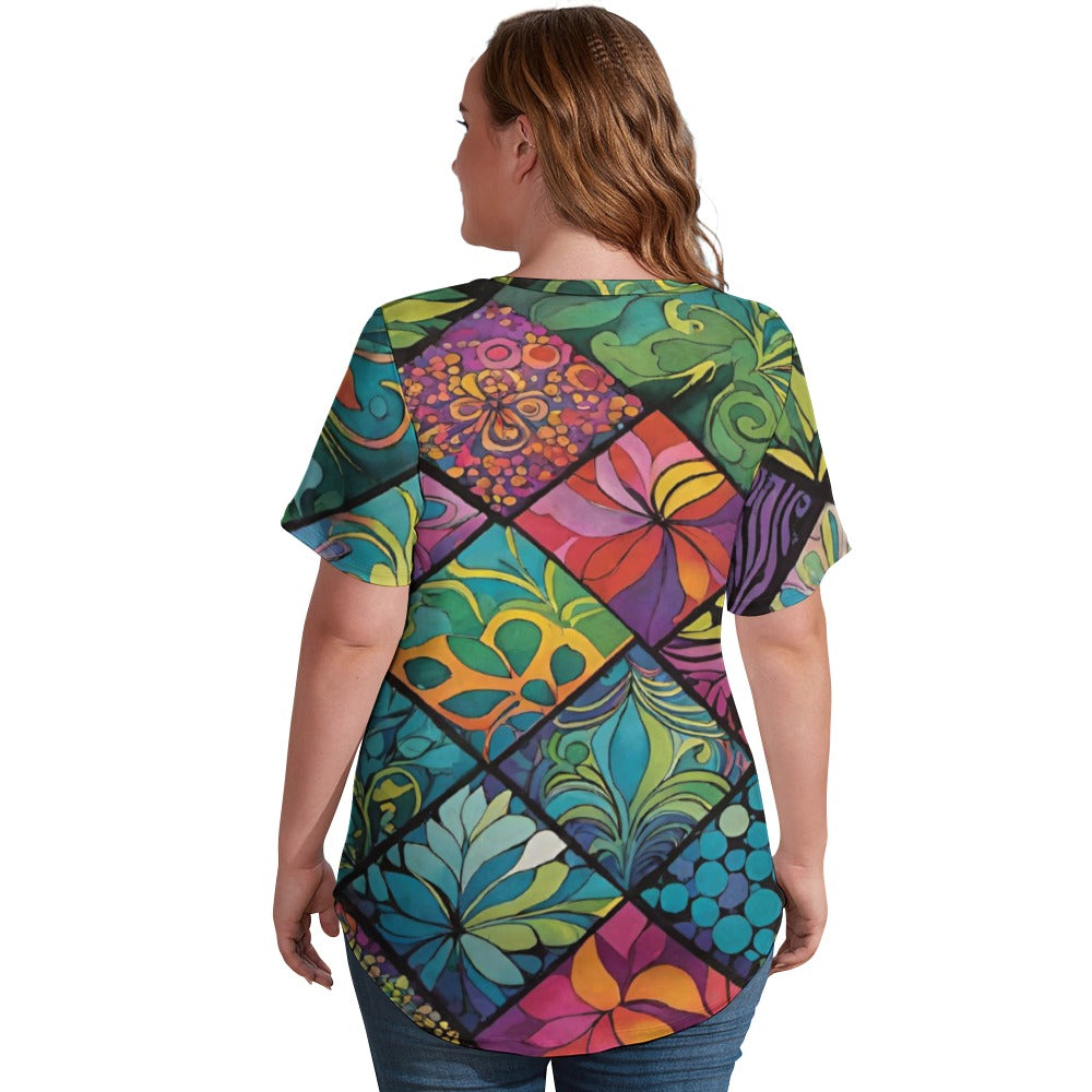 2024 New V Neck Short-sleeve Women Shirt Printed