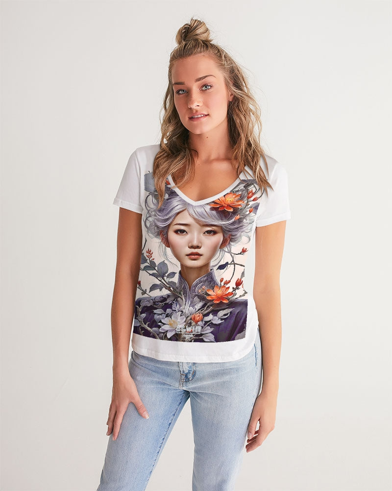 Beautiful Asian woman grey hair blossom Women's All-Over Print V-Neck Tee