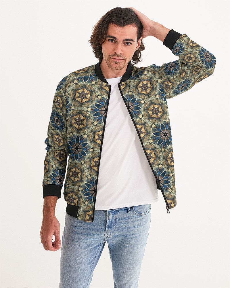 Green & Dark Blue almost star pattern. Men's All-Over Print Bomber Jacket