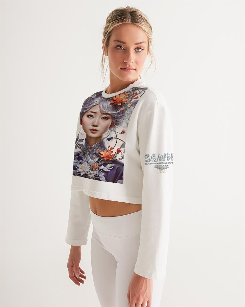 Beautiful Asian woman grey hair blossom Women's All-Over Print Cropped Sweatshirt