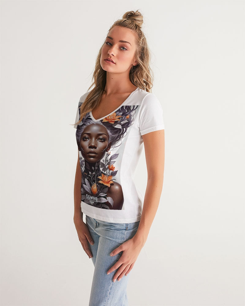 Beautiful black silver grey hair blossom women Women's All-Over Print V-Neck Tee