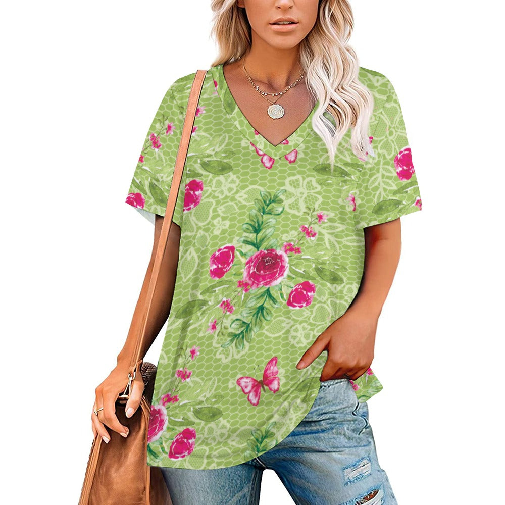 2024 New V Neck Short-sleeve Women Shirt Printed