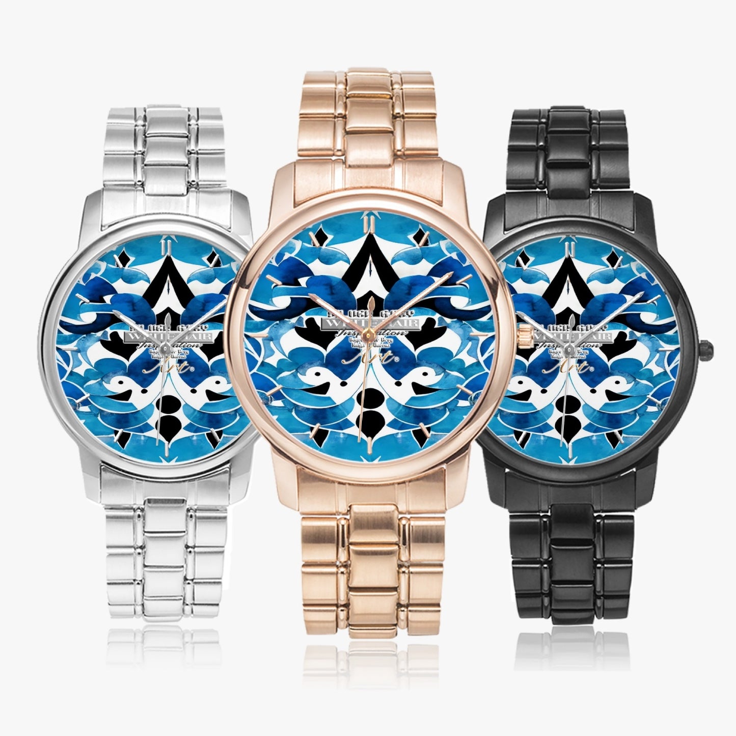 Silver grey white hair inspiration Blue abstract pattern Folding Clasp Type Stainless Steel Quartz Watch (With Indicators)