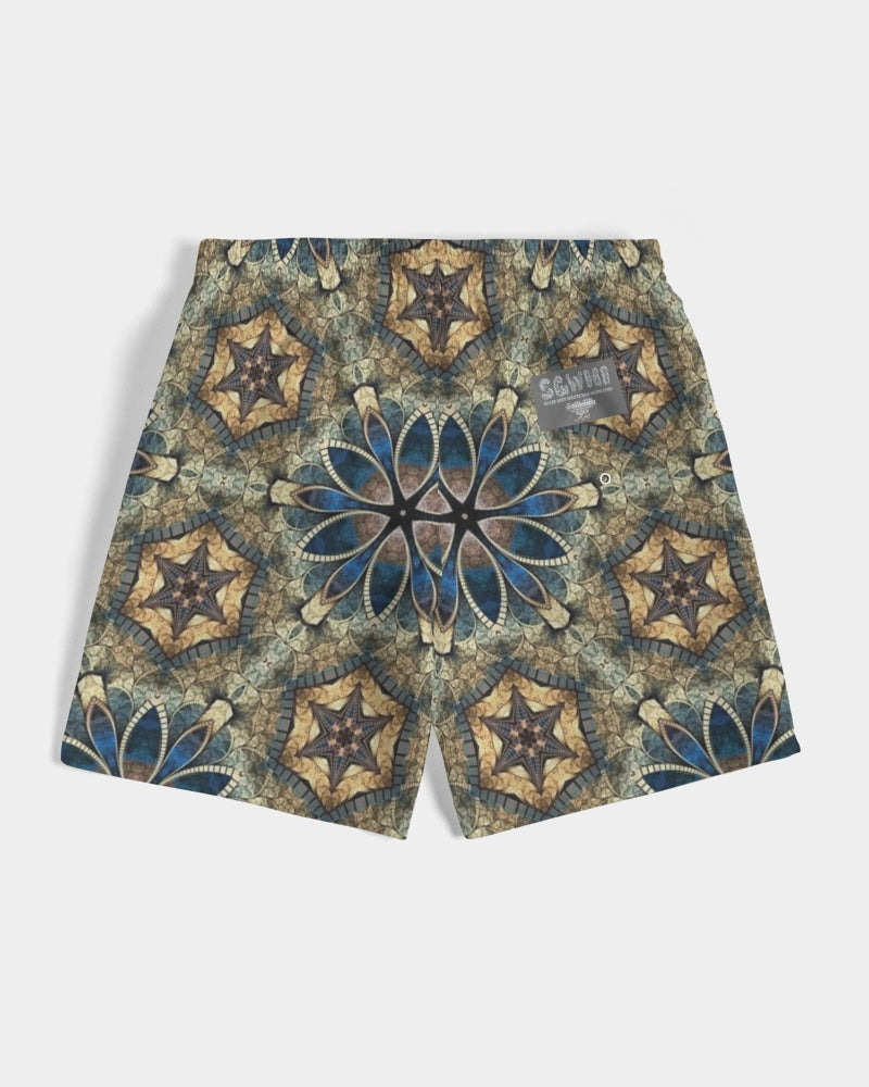 Green & Dark Blue almost star pattern. Men's All-Over Print Swim Trunk