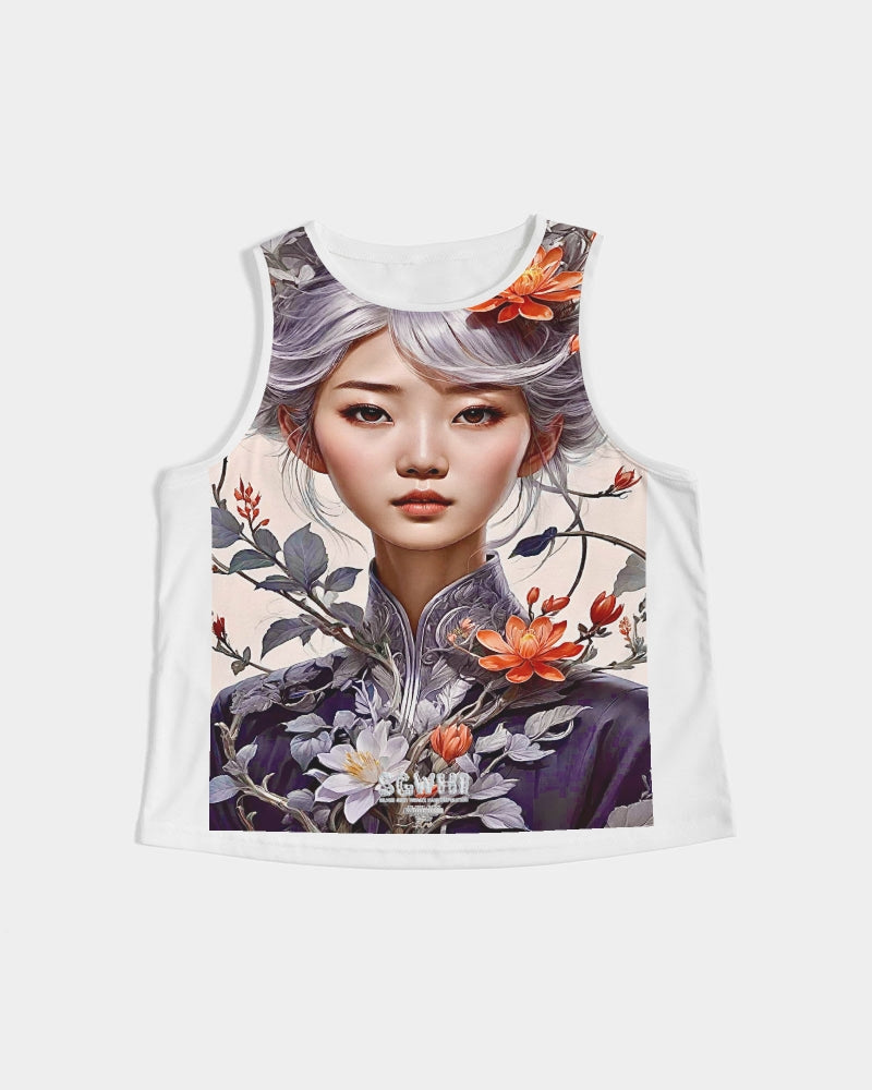 Beautiful Asian woman grey hair blossom Women's All-Over Print Cropped Tank