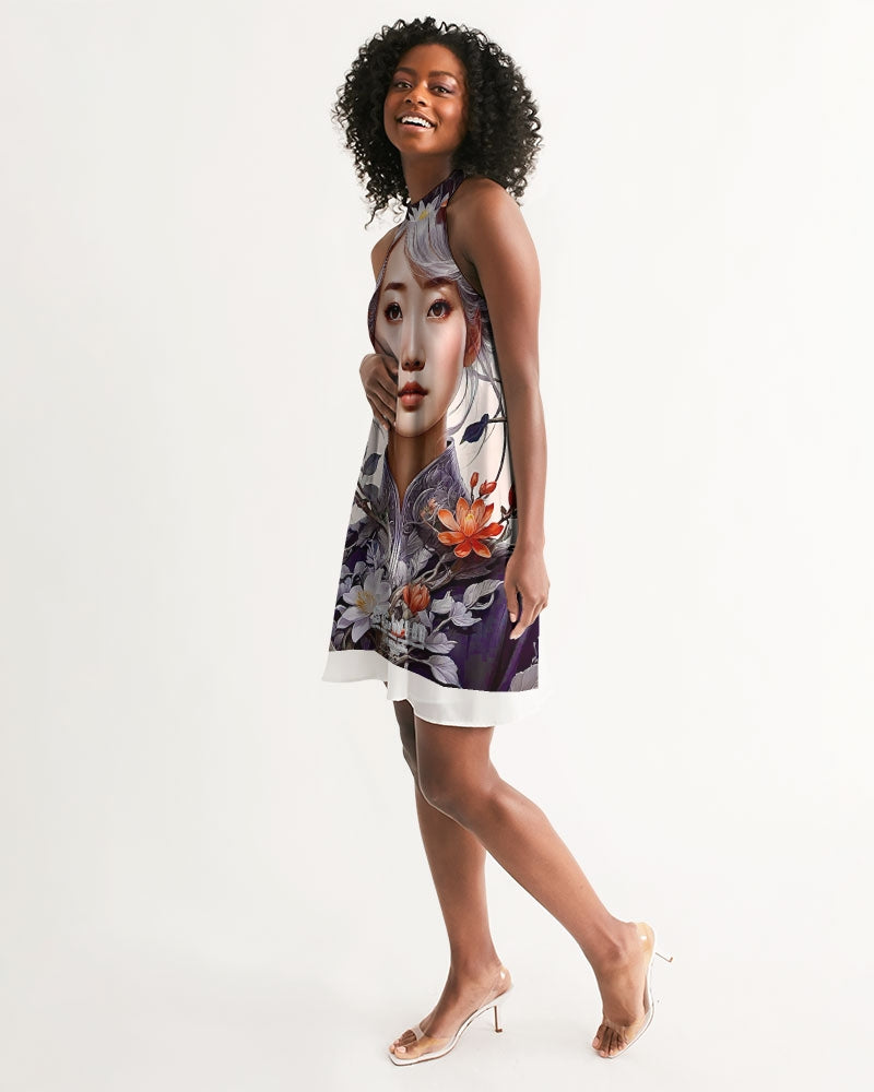 Beautiful Asian woman grey hair blossom Women's All-Over Print Halter Dress