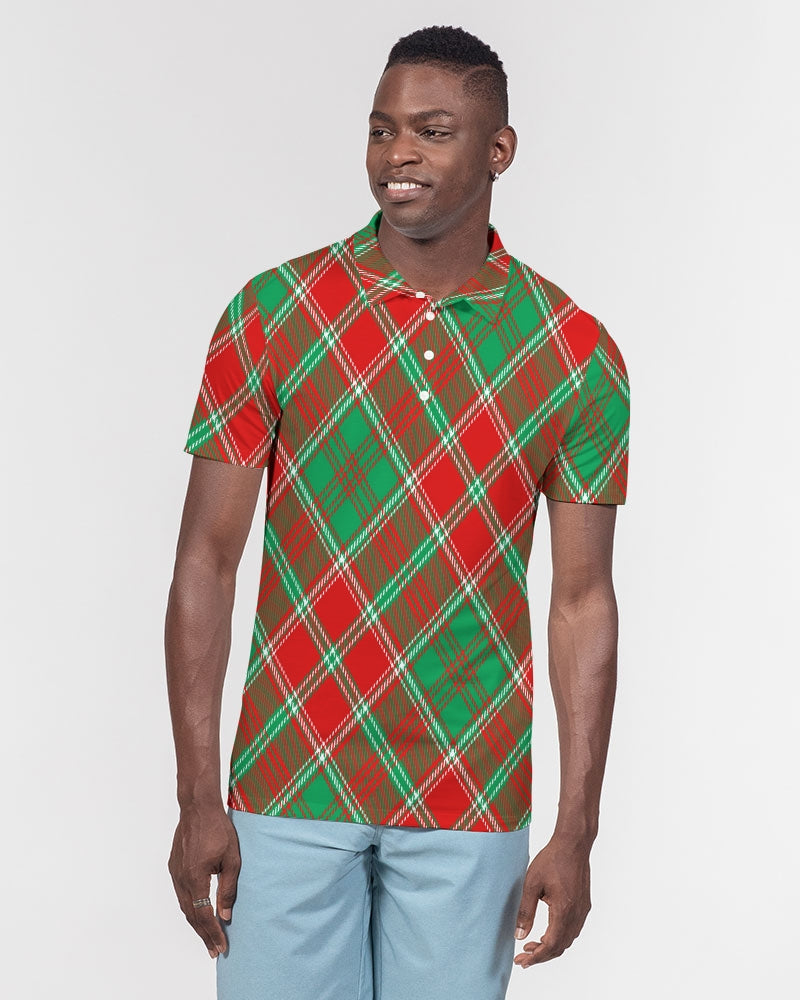 Red & Green cross pattern Men's All-Over Print Slim Fit Short Sleeve Polo