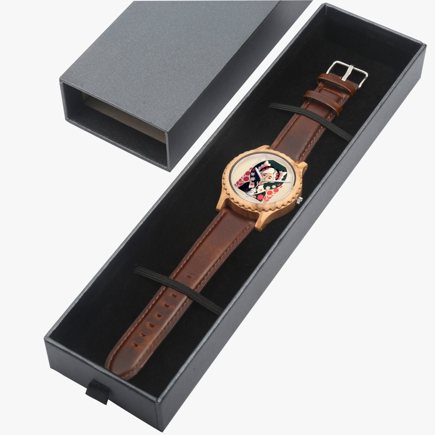 Asian the SilverFox  Italian Olive Lumber Wooden Watch - Leather Strap