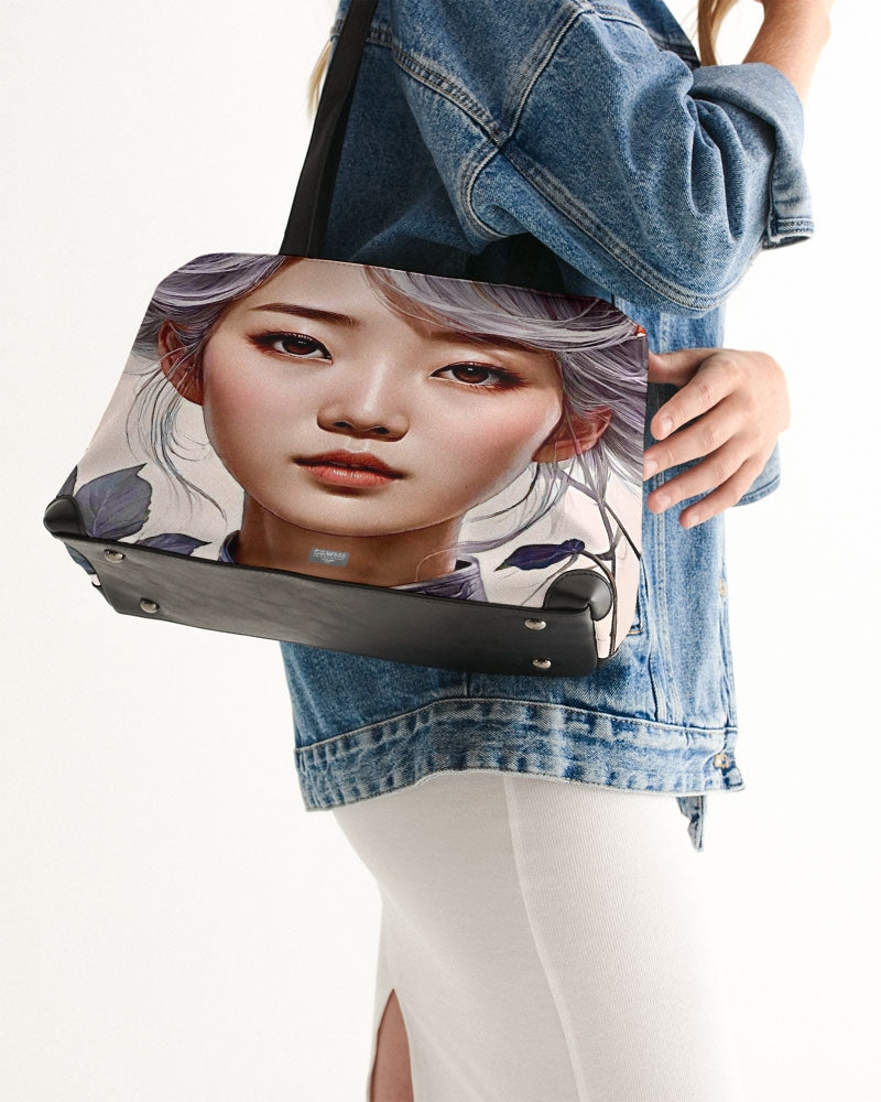 Beautiful Asian woman grey hair blossom Shoulder Bag