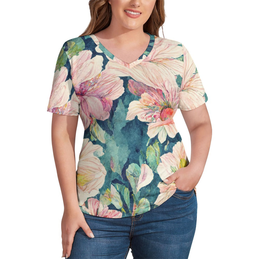 2024 New V Neck Short-sleeve Women Shirt Printed