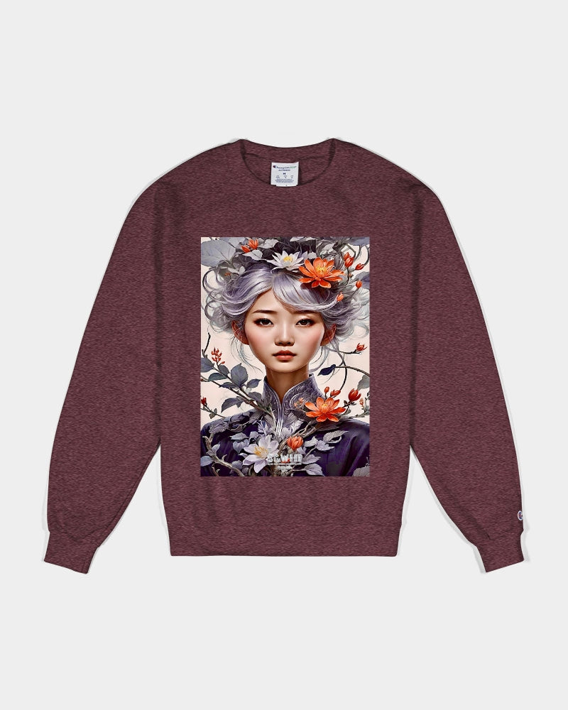 Beautiful Asian woman grey hair blossom Unisex Sweatshirt | Champion