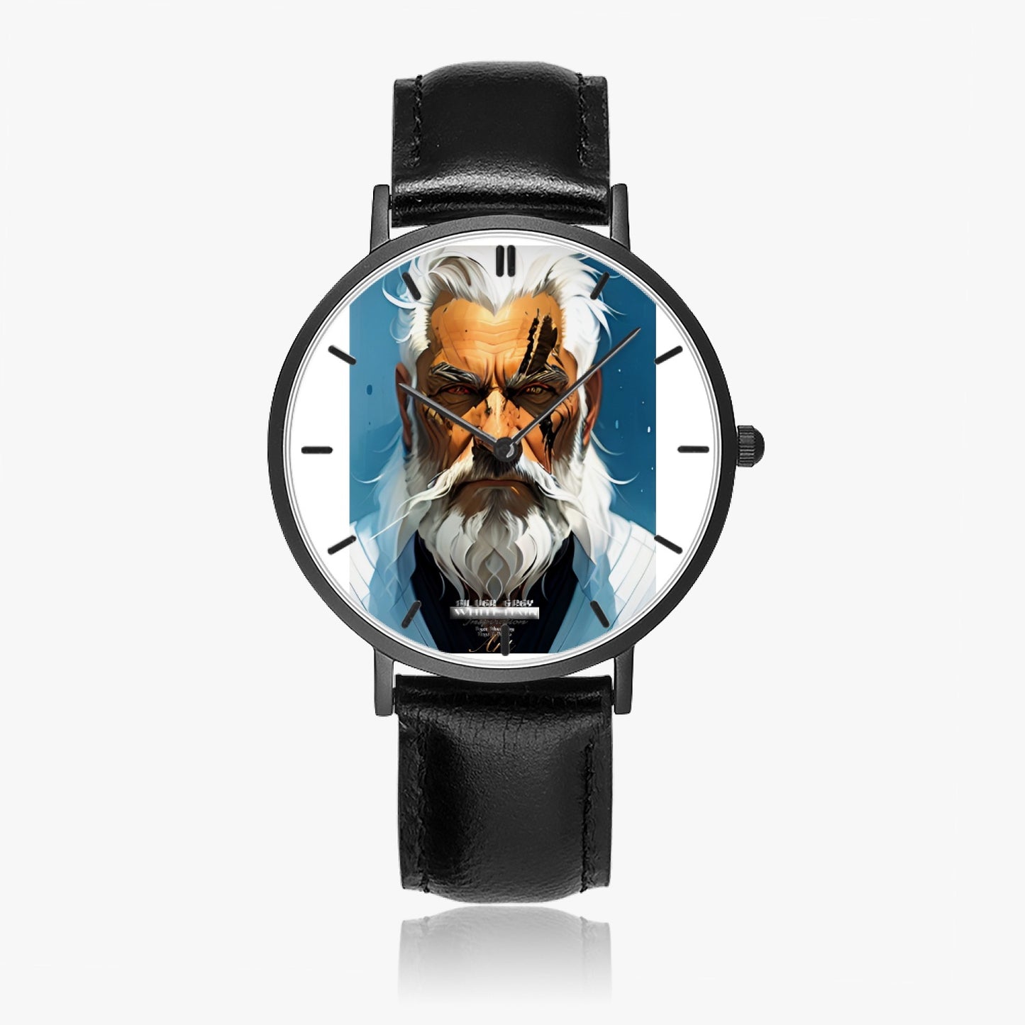 Silver bearded warrior Hot Selling Ultra-Thin Leather Strap Quartz Watch (Black With Indicators)