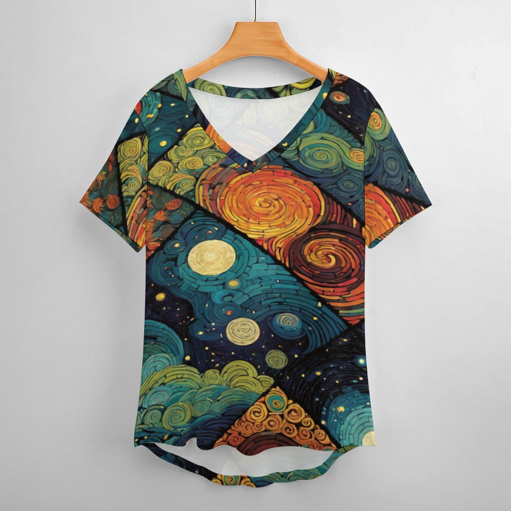 2024 New V Neck Short-sleeve Women Shirt Printed