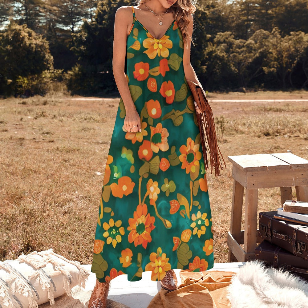 Orange flower and green Sling Ankle Long Dress