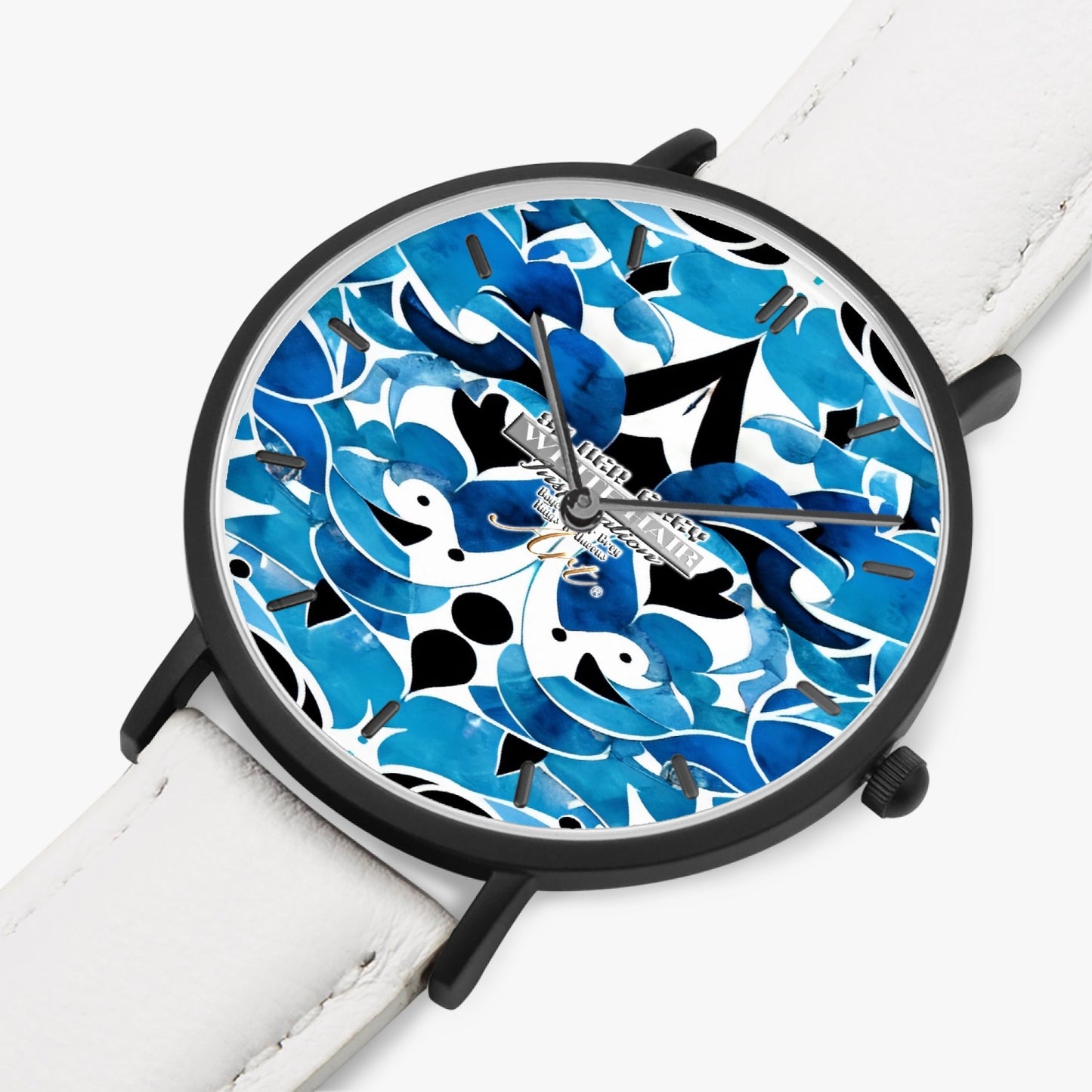 Blue abstract pattern Hot Selling Ultra-Thin Leather Strap Quartz Watch (Black With Indicators)