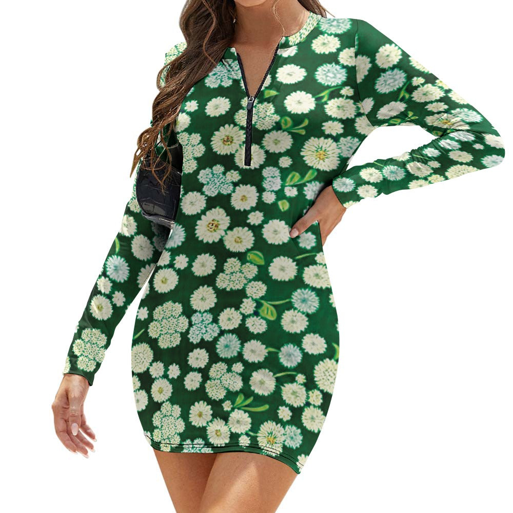 Women's Zipper Long Sleeve Hip Dress