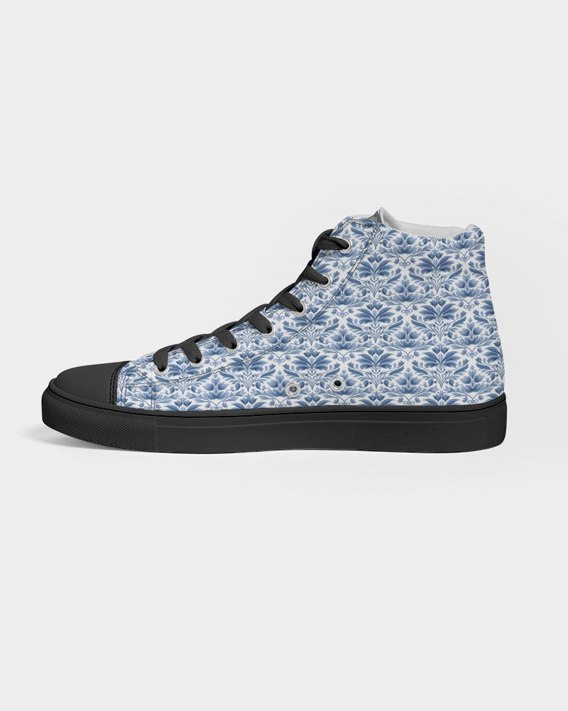 light blue Royal patten  Men's Hightop Canvas Shoe - Black