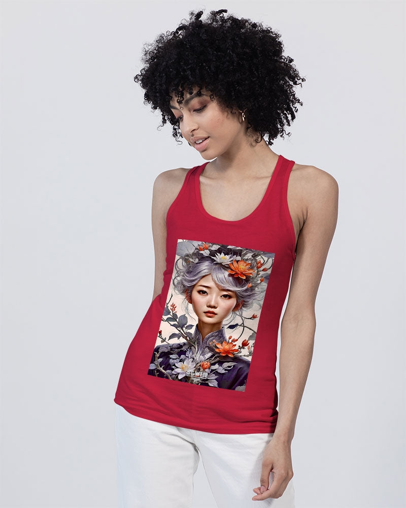 Beautiful Asian woman grey hair blossom Unisex Jersey Tank | Bella + Canvas