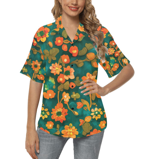 All Over Print Hawaiian Orange and green flower Shirt for Women (T58)