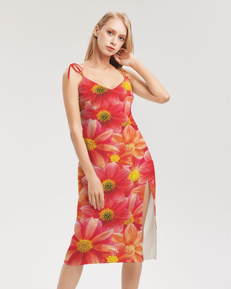 Beautiful blood orange flower design Women's All-Over Print Tie Strap Split Dress